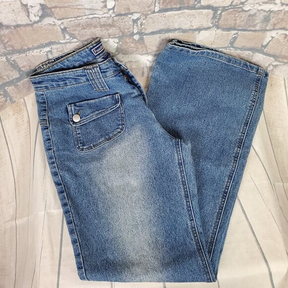 French Twist Flare High Waist Jean Front Patch Pocket Size 10 Medium Wash - Picture 3 of 11